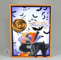 Scared Cat and Cauldron of Candy Halloween card - Kitchen Sink Stamps