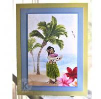 Hula Girl Grass Skirt Palm Trees on Beach with Plumerias Vacation Card - Kitchen Sink Stamps