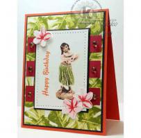 Hula Girl in Grass Skirt with Plumerias & Monstera Leaves Birthday Card - Kitchen Sink Stamps