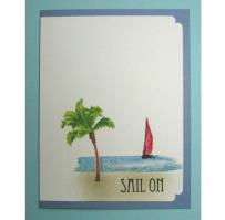 Sailboat Sailing on Blue Brush Stroke with Palm Tree Encouragement Note Card - Kitchen Sink Stamps