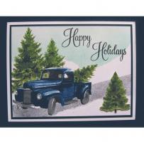 Blue Old Truck carrying Pine Tree amongst more Pine Trees Christmas Card - Kitchen Sink Stamps