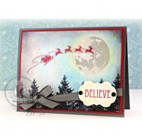 Santa and His Sleigh Crossing the Moon over the Tree Tops Christmas Card - Kitchen Sink Stamps
