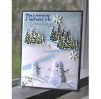 Peaceful Greetings Snowing Hills and Snowmen Holiday Card - Kitchen Sink Stamps