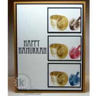 3 Dreidels with Gold Gelt Happy Hanukkah Card - Kitchen Sink Stamps