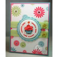 Playful Bright Flowers and Cupcake Birthday Card - Kitchen Sink Stamps