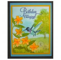 Blue Hummingbird, Flowers and Tree Scene Birthday Card - Kitchen Sink Stamps