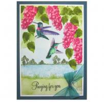 Hummingbirds and Pink Lilacs by a Lake Scene Praying for You Card - Kitchen Sink Stamps