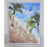 Palm Trees on a Sandy Beach and Sailboats on the Ocean Note Card - Kitchen Sink Stamps