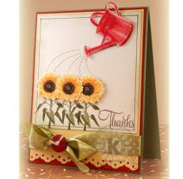 Red Watering Can showering Sunflowers in a Row Thank You Card - Kitchen Sink Stamps