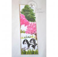 Spring scene - Two pups sitting under Cherry Blossom Trees Bookmark - Kitchen Sink Stamps
