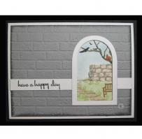 Window Scene of park bench near a stone wall Note Card - Kitchen Sink Stamps