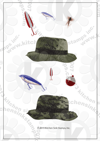 Fishing Bucket Hat and Fish Lures Tackel rubberstamps clear stamps
