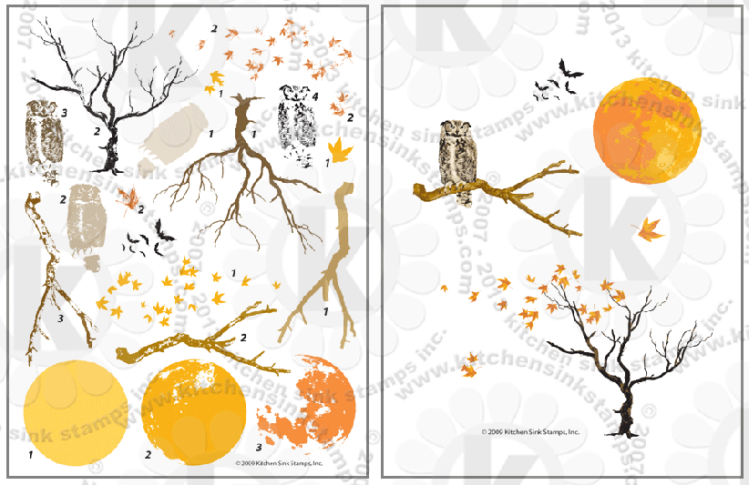 Owl Autumn Moon fall halloween spooky tree rubber stamps clearstamps